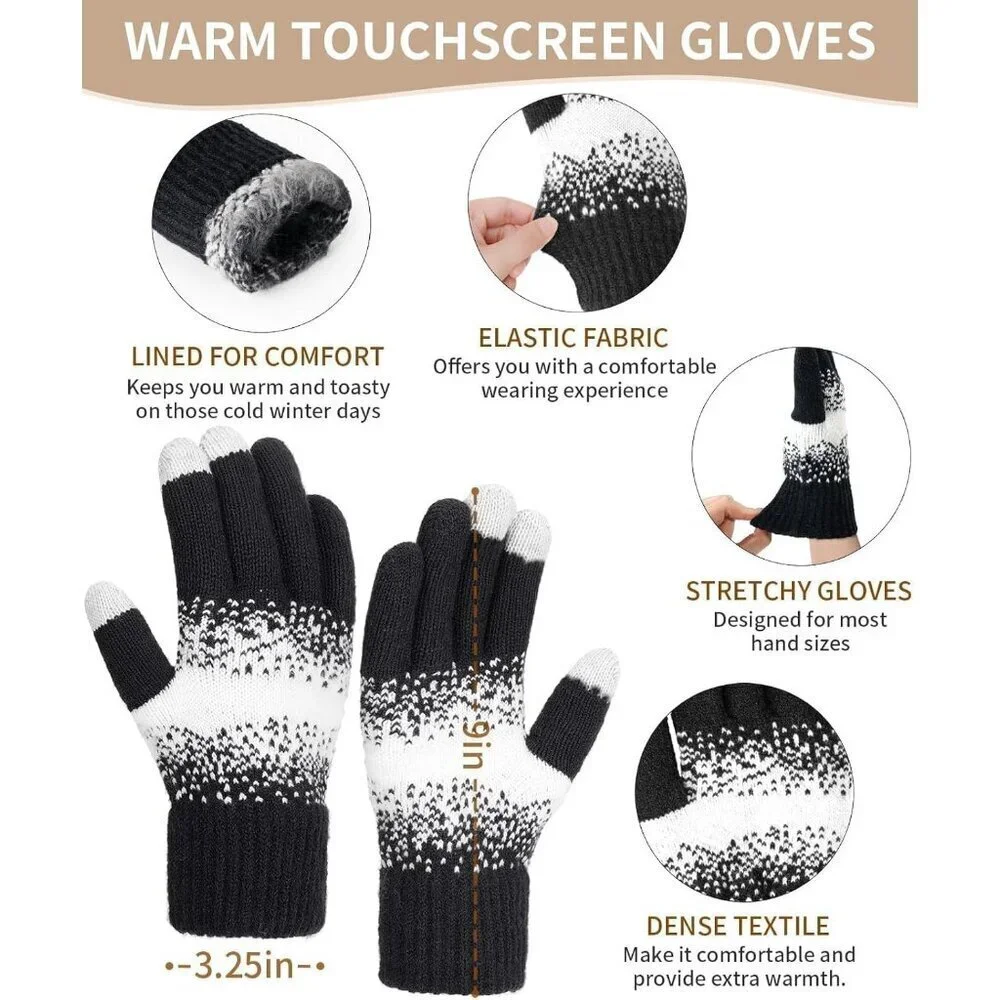 Women's Black White Winter Beanie Hat Scarf Gloves Set Pom Warm Christmas Gift